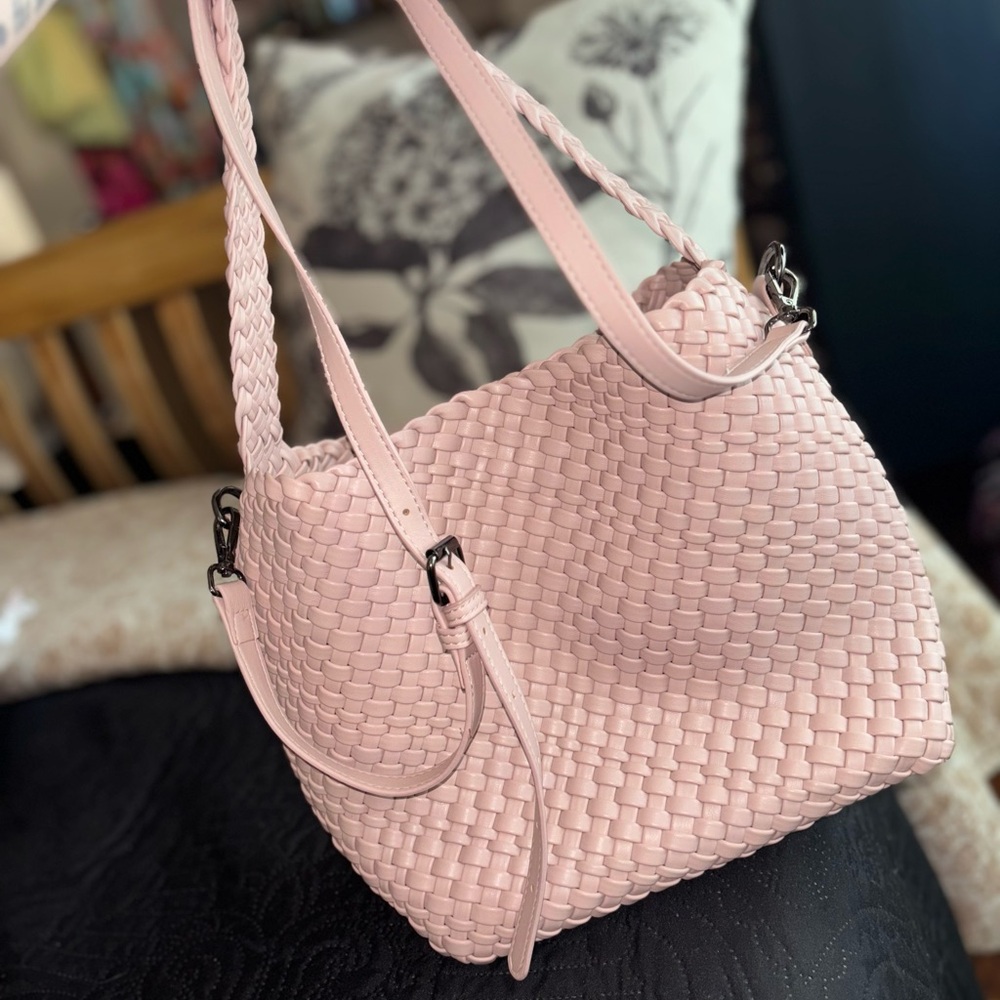 Pale Pink Woven Vegan Leather Convertible Crossbody Shoulder Bag